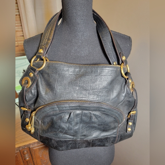 b. makowsky Handbags - B MAKOWSKY BLACK PEBBLED LEATHER SATCHEL WITH GOLD CHUNKY HARDWARE